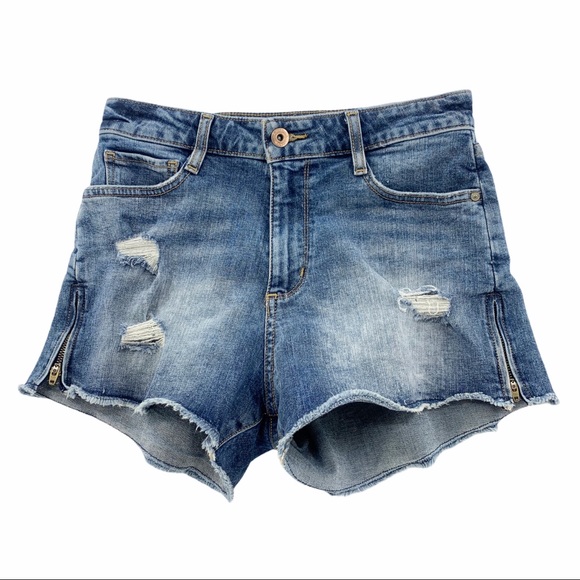 High Rise Zipper Sides Distressed Denim Stretch Blue Jean Shorts by Arizona - Picture 1 of 11